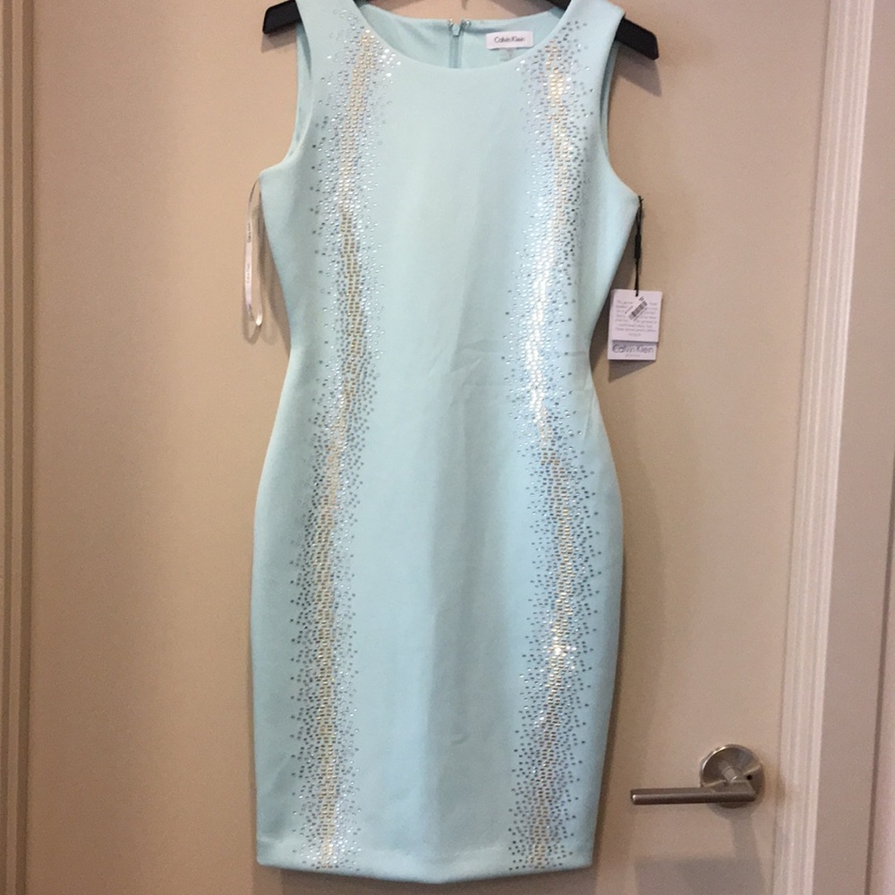 Calvin Klein Scuba Sheath Rhinestone Sleeveless Sheath Dress NWT